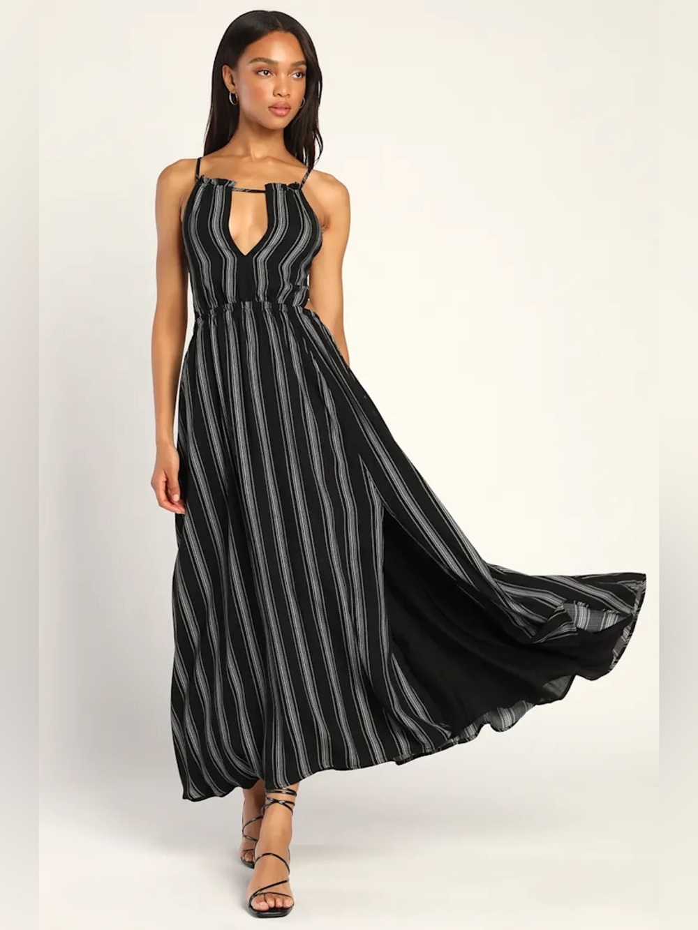Lulus Stripe a Chord Black Striped Cutout Backless Midi Dress NWT